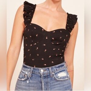 Reformation Black Floral Ruffle Strap Blouse